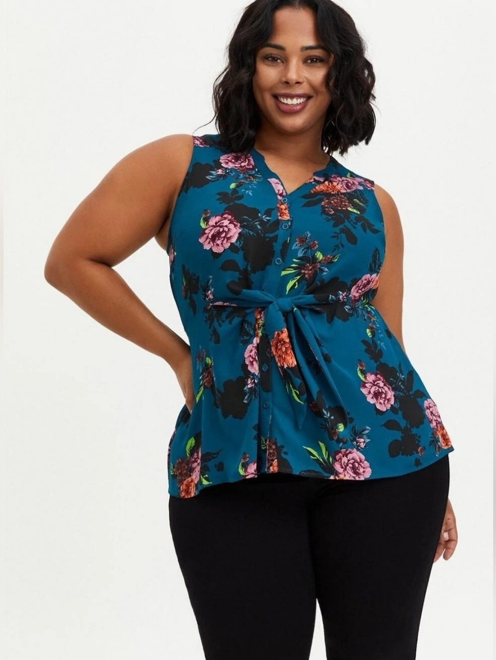 Torrid Teal Floral Peplum Georgette Button-Front Tie-Front Blouse Plus Size 1 1x